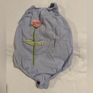 CottonTail Originals Blue Gingham Baby Swimsuit / Romper Pink Flower Applique